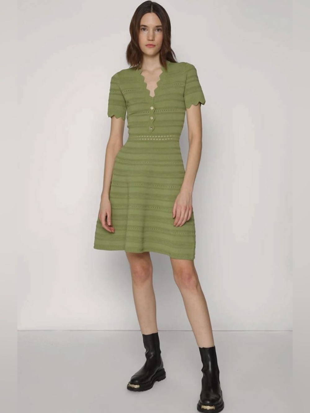 Sandro Light Green Knit Short-Sleeve A-Line Dress